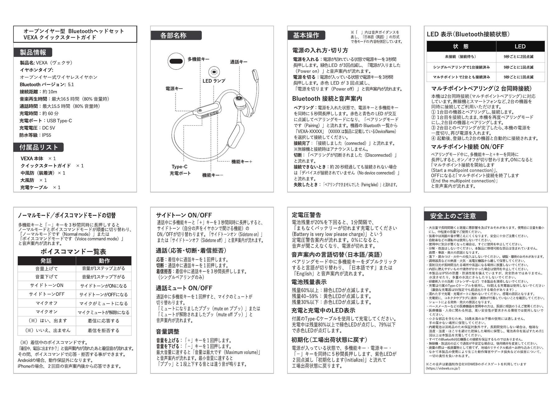 VEXA クイックスタートガイド：製品情報、各部名称、基本操作、ボイスコマンド一覧、LED表示、安全上のご注意